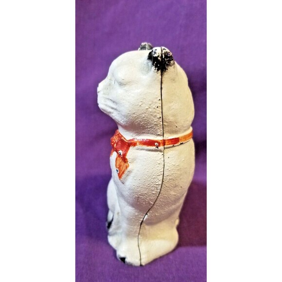 John Wright Grey Iron Casting Company Penny Bank Cast Iron Cat Bank Red Bow - Picture 3 of 6